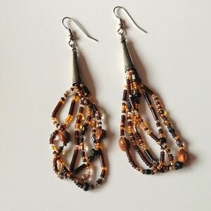 Artisan OOAK Bohemian Black Brown Tan Seed Beads Dangle Silvertone Earrings